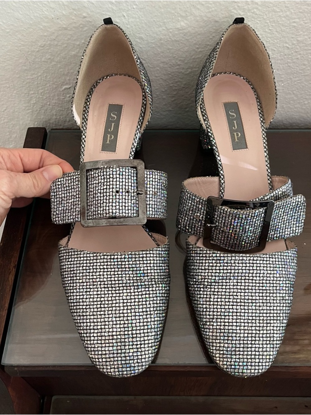 by Sarah Jessica Parker Silver Crystal Buckle Pointed-Toe Pumps